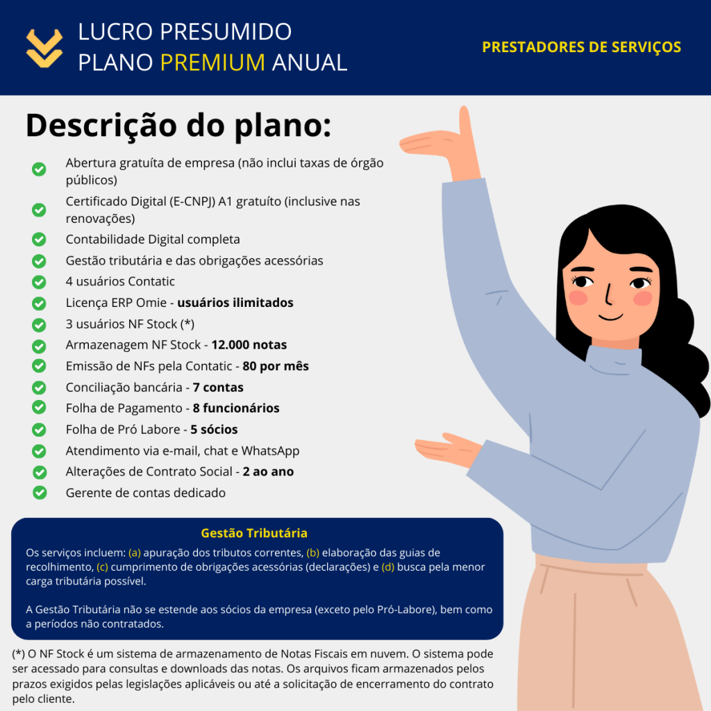 Descrição plano contabilidade digital - Premium - Lucro Presumido - Prestadores de Serviços