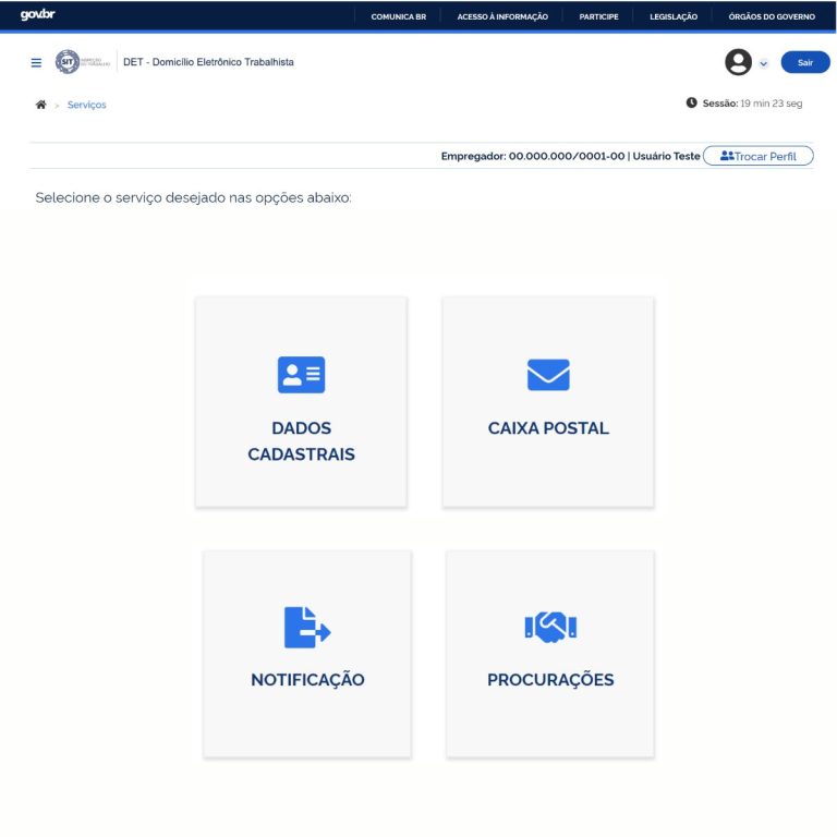 Área de trabalho da plataforma DET